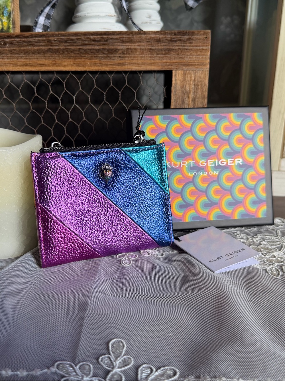 NWT Kurt Geiger iridescent purple blue teal metallic wallet